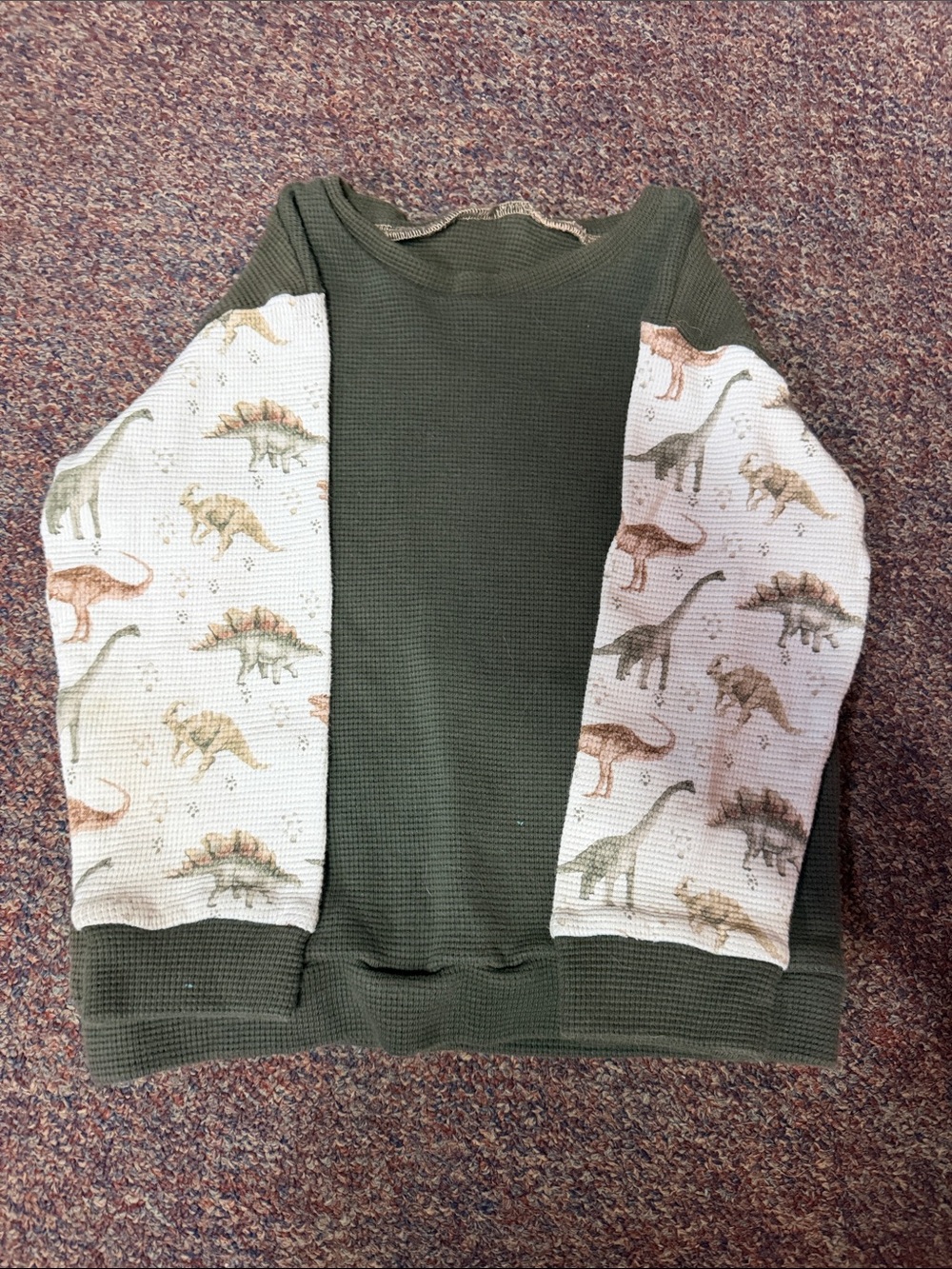 Kids Olive Green Waffle Knit Top with Dinosaur Print Sleeves